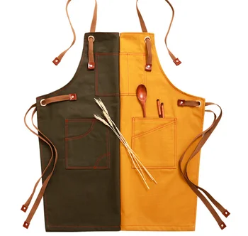

Japanese Style Canvas Apron Barista Restaurant Floral Tea Shop Barber Overalls Bib Leather Chef Kitchen Apron For Women MenLF960