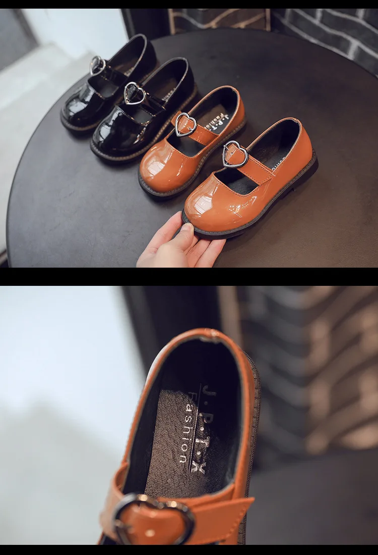 New Girls Leather Shoes Children's Princess Shoes Non-slip Love Patent Leather Casual Student Shoes Black Red Brown