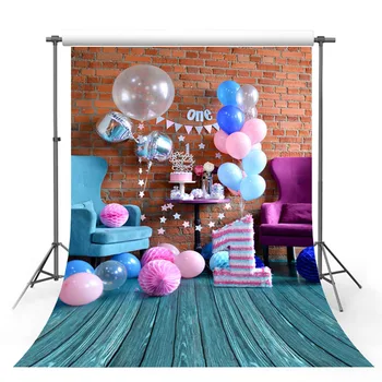 

Mehofond 1st Birthday Backdrop 5X7ft Wood Floor Red Brick Wall Balloon Baby Portrait Photography Backgrounds for Studio Photo