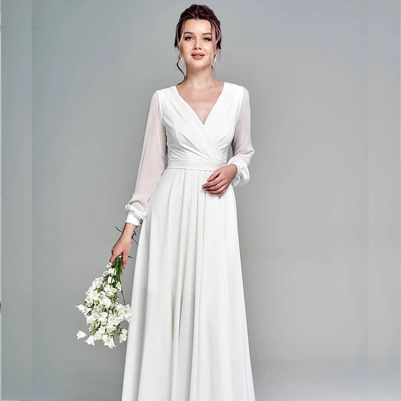 

Simple Long Sleeve Chiffon Wedding Dress Beach V-Neck Side Slit Floor Length Sashes For Bride Robe De Mariee Zipper Cheap