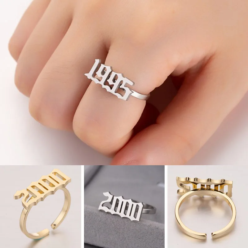 

SMJEL Old English Stainless Steel Number Rings for Men Women 1980 1983 1996 2000 Year Calendar Ring Date Adjustable anel 2019