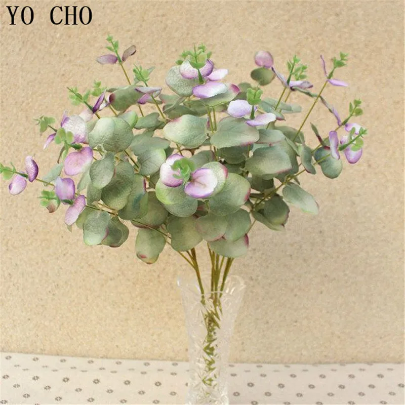 YO CHO 49cm Eucalyptus Artificial Leaves Branches Wedding Home Decoration 4 Green Plant Faux Tree Leaf Decor Fake | Дом и сад