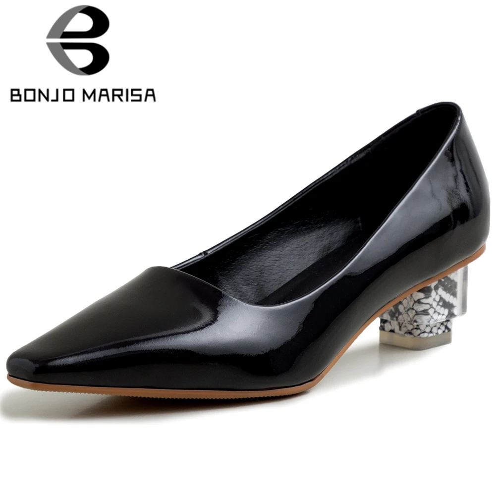 

BONJOMARISA Branf Female Spring Pumps Low Heels Square Toe Genuine Leather Pumps Women 2020 Casual Office Dress Shoes Woman