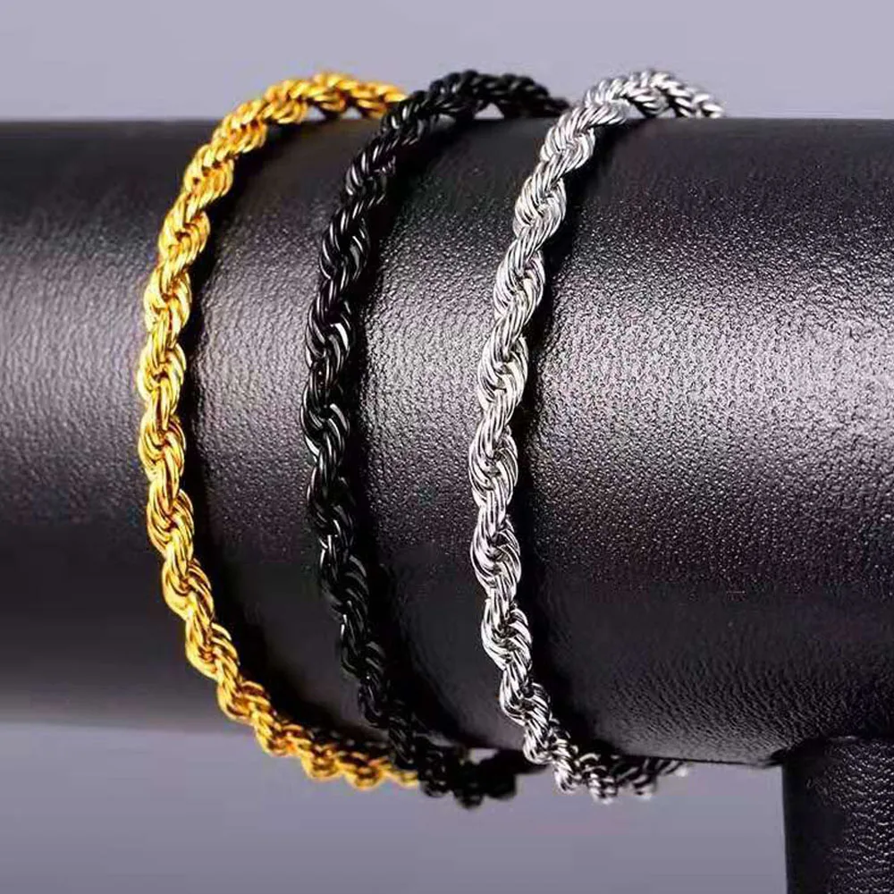 

Stainless Steel Black Gold silver twist Rope Chain Bracelet Men women hand Link 3/5MM 22CM Boy hip Hop gift Jewelry Wholesale