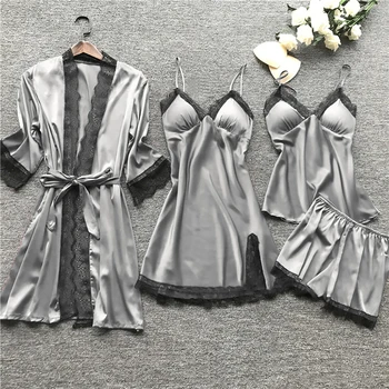 

2020 Women Pajamas Sets Satin Sleepwear Silk 4 Pieces Nightwear Pyjama Spaghetti Strap Lace Sleep Lounge Pijama With Chest Pad