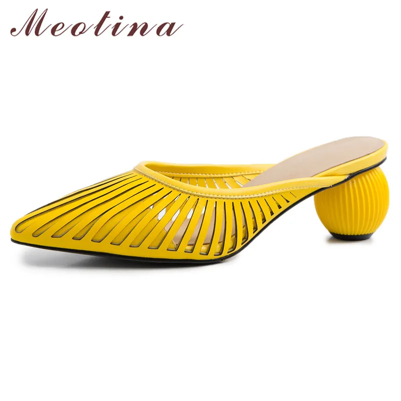 

Meotina High Heels Women Pumps Natural Genuine Leather Strange Style Heel Mules Shoes Cow Leather Cutout Pointed Toe Slides Lady