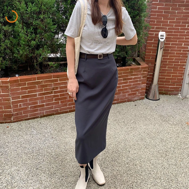 

Women Skirt Female Elegant Official Basic Pencil Suit Zipper Belt Back Slit Delicate Tailored Stiff Ankle-Length Solid Sashes