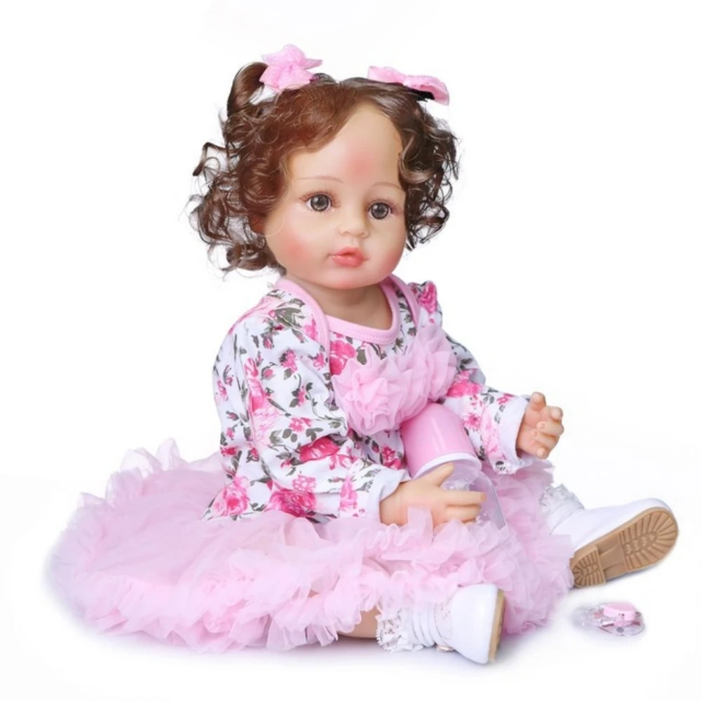 

55CM original new design hand rooted curly hair lifelike real touch reborn baby girl doll toddler full body soft silicone