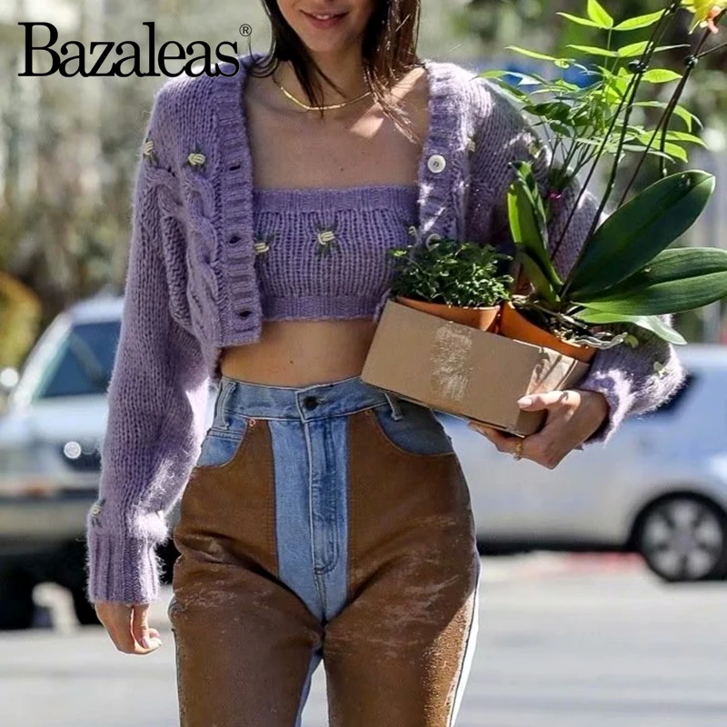 Bazaleas, винтажный Женский пуловер, уличная одежда, укороченный топ с вышивкой и кардиган, harajuku, фиолетовый вязаный женский костюм, свитер для женщин