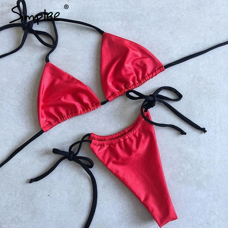 

Simplee Co-ordinates padded push up women swimwear Sexy solid summer beach wear female swimsuit Bandage lace up ladies swimwear