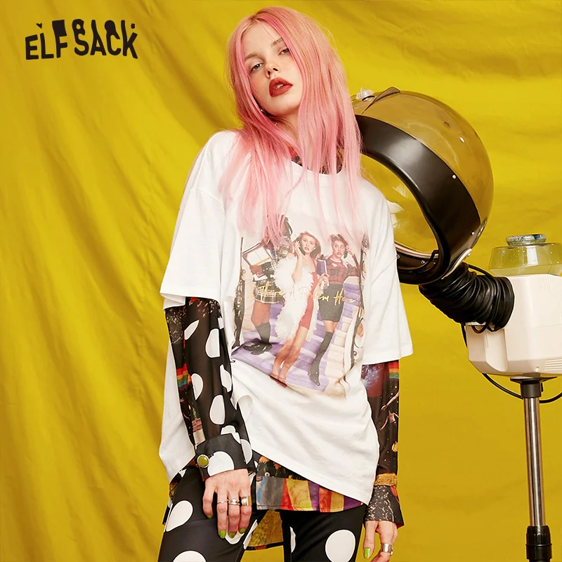 ELFSACK, винтажные Хлопковые женские футболки с принтом, осень, новинка, круглый вырез, большие размеры, женская футболка, уличная одежда, повседневные корейские Топы больших размеров