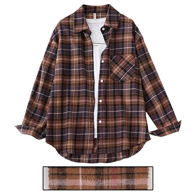 Muyogrt Women Shirt Plaid Oversized Brown Top Turn-down Collar Leisure Fashion Loose All-match Long Sleeves Soft Chic Korean Top Style1-BROWN4