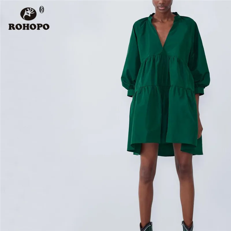 ROHOPO/зеленое платье из поплина с v-образным вырезом, с рукавами три четверти, многослойное свободное осеннее платье#6258