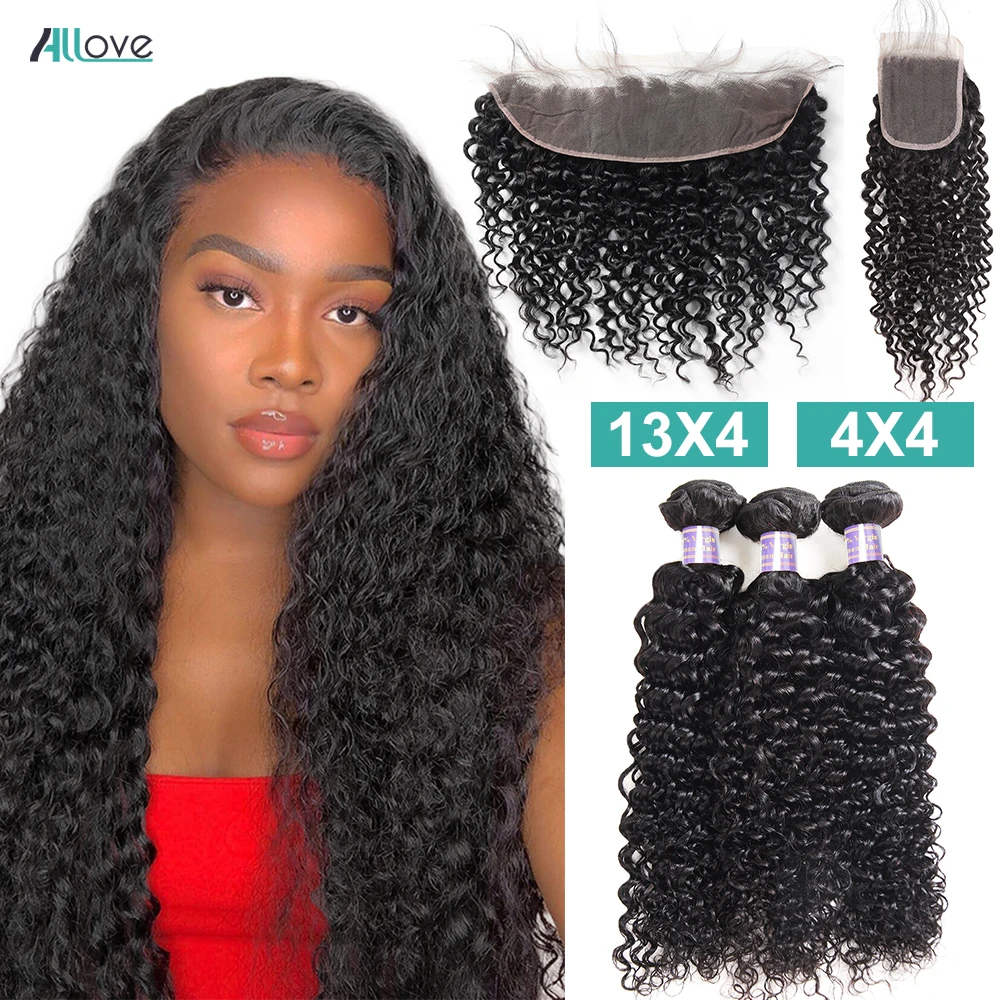 Mejor Compra Allove-mechones rizados con cierre, extensiones de pelo ondulado mechones brasileños con cierre, extensiones de cabello humano mechones rizados con Frontal no Remy eKomWkLK