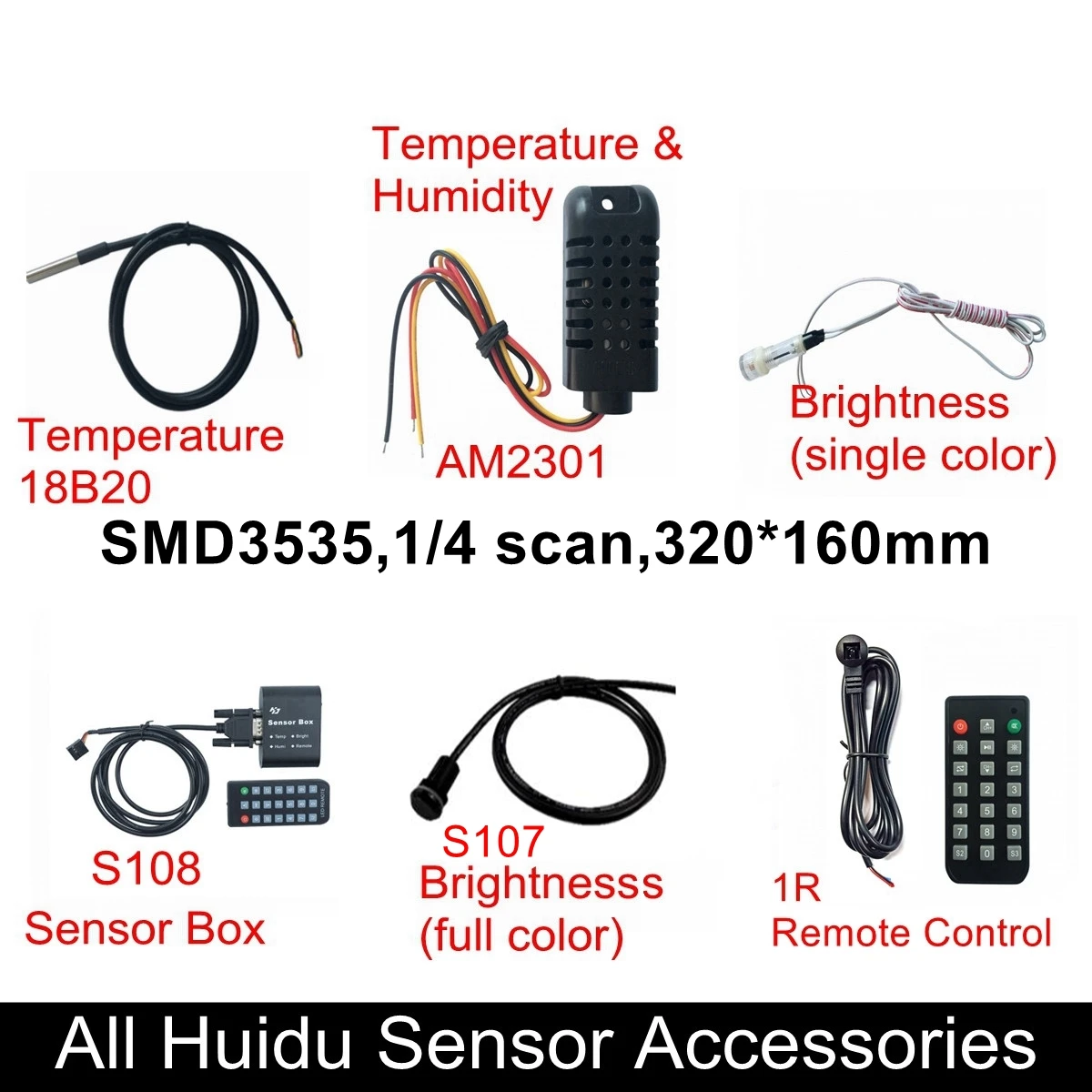 Huidu Sensors Temperature 18B20 Temperature & Humidity Sensor AM2301 Single/RGB Brightness Sensor Sensor Box 1R remote