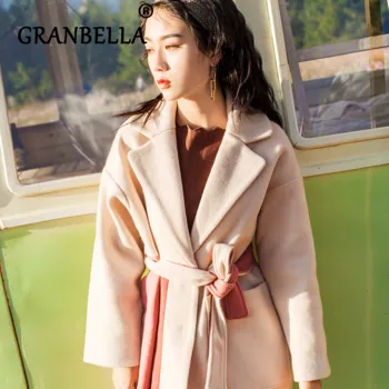 

woolen Elegant Solid Color Waist Belt overcoat Casual Turn-down Collar Vintage Winter Women Long Coats