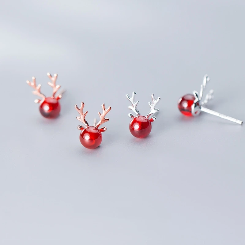 Серьги-гвоздики из стерлингового серебра 925 пробы с красными рогами лося и