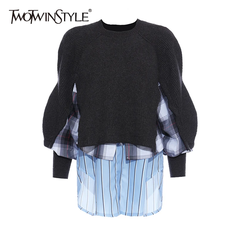 TWOTWINSTYLE Patchwork Striped Plaid Sweater For