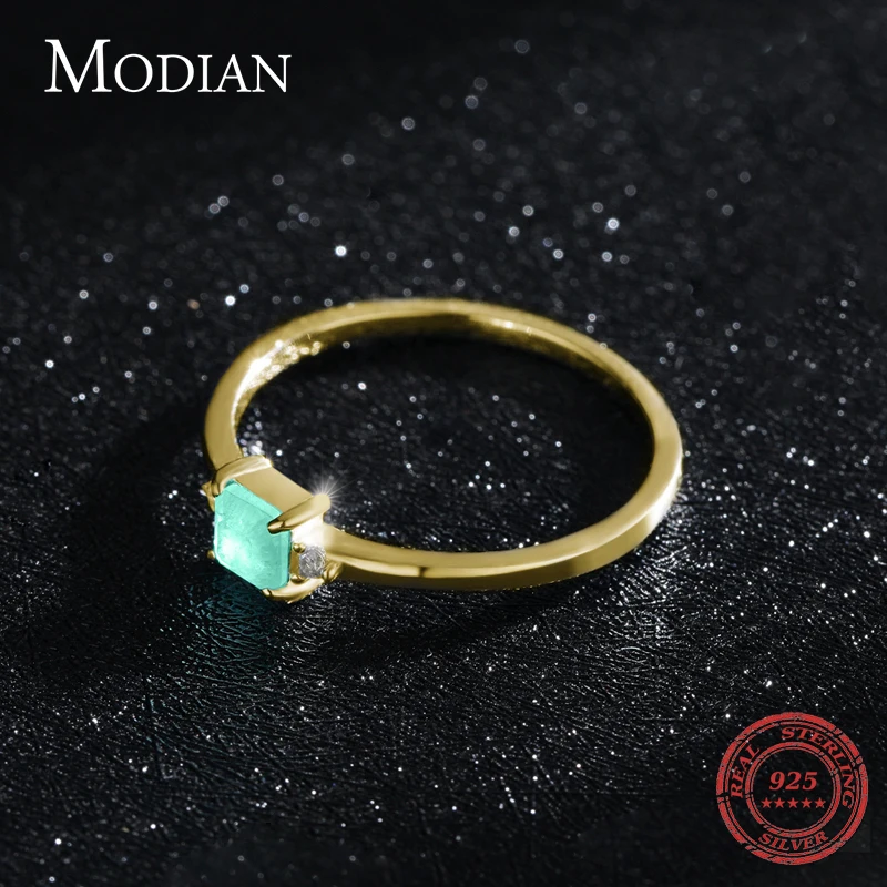 Modian 여성을위한 새로운  패션 에메랄드 컷 전기석 손가락 반지 우아한 간단한 Paraiba 실버 파인 쥬얼리