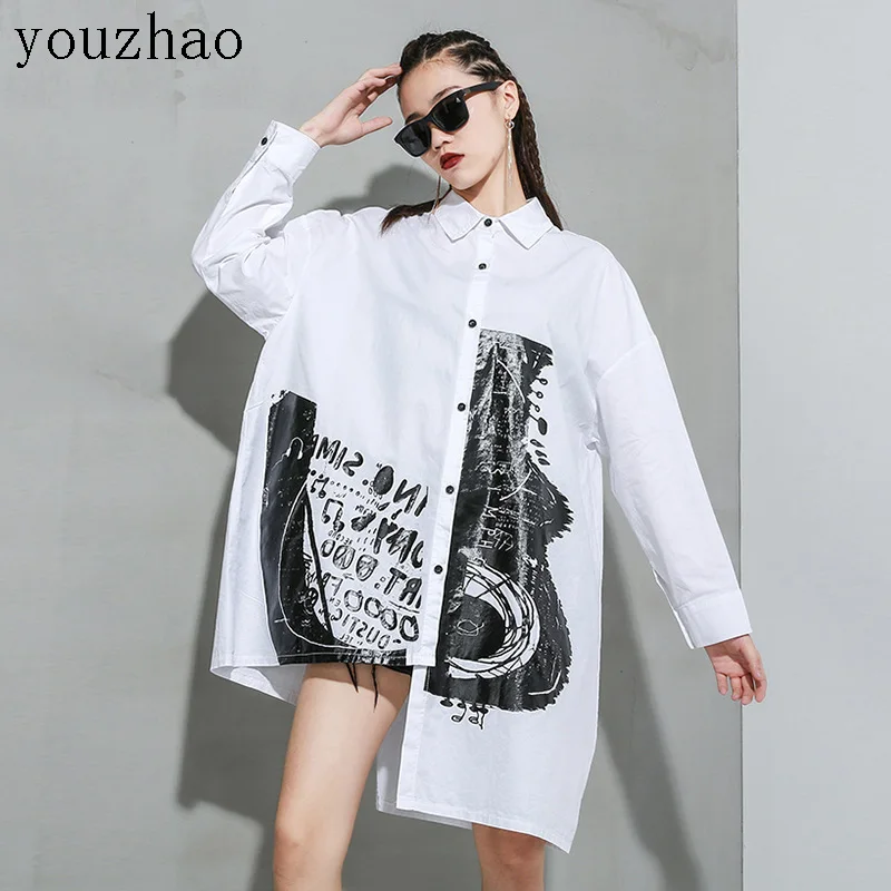 

2020 Women Spring Black And White Shirt Long Sleeve Fashion Print Lady Tops Plus Size Casual Loose Cardigan Shirt Robe Style 5XL