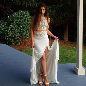 

Two Piece Evening Dresses 2015 O-Neck Sleeveless Zipper Sweep Train Chiffon Crystal Split Side 2016 Long Party Gown Formal Dress