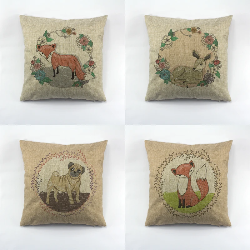 Veados raposa cão padrão impresso linho capa de almofada verde rosa doggy com fone de ouvido design fronha