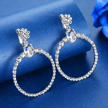 

Mecresh Crystal Round Circle Clip on Earrings Bridal Wedding Jewelry Silver Color Women Clip Earrings Without Piercing MEH1635