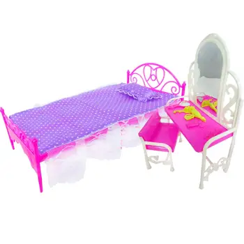 

1 Bed +1 Dresser Dressing Table with Chair Mirror Dollhouse Mini Furniture Accessories for Barbie Doll Girls Play House Toys