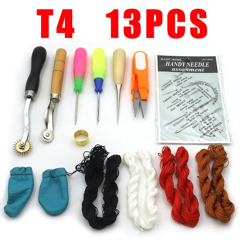 T4 leather tool set QJH профессиональный ручной работы набор инструментов для рукоделия из кожи набор ниток шило вощеный наперсток набор для ручного шитья штамповка DIY Набор инструментов - Цвет: T4 leather tool set