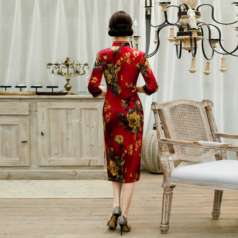 С принтом три четверти рукав cheongsam женское платье вечернее платье бархат vestidos китайское платье свадебное платье Размер M-4XL