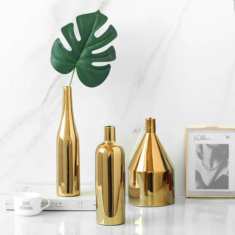 

1pc Modern Golden Vase Ceramic Flower Vase Gold Metallic Vase Water Planting Container Desktop Decorative Vase