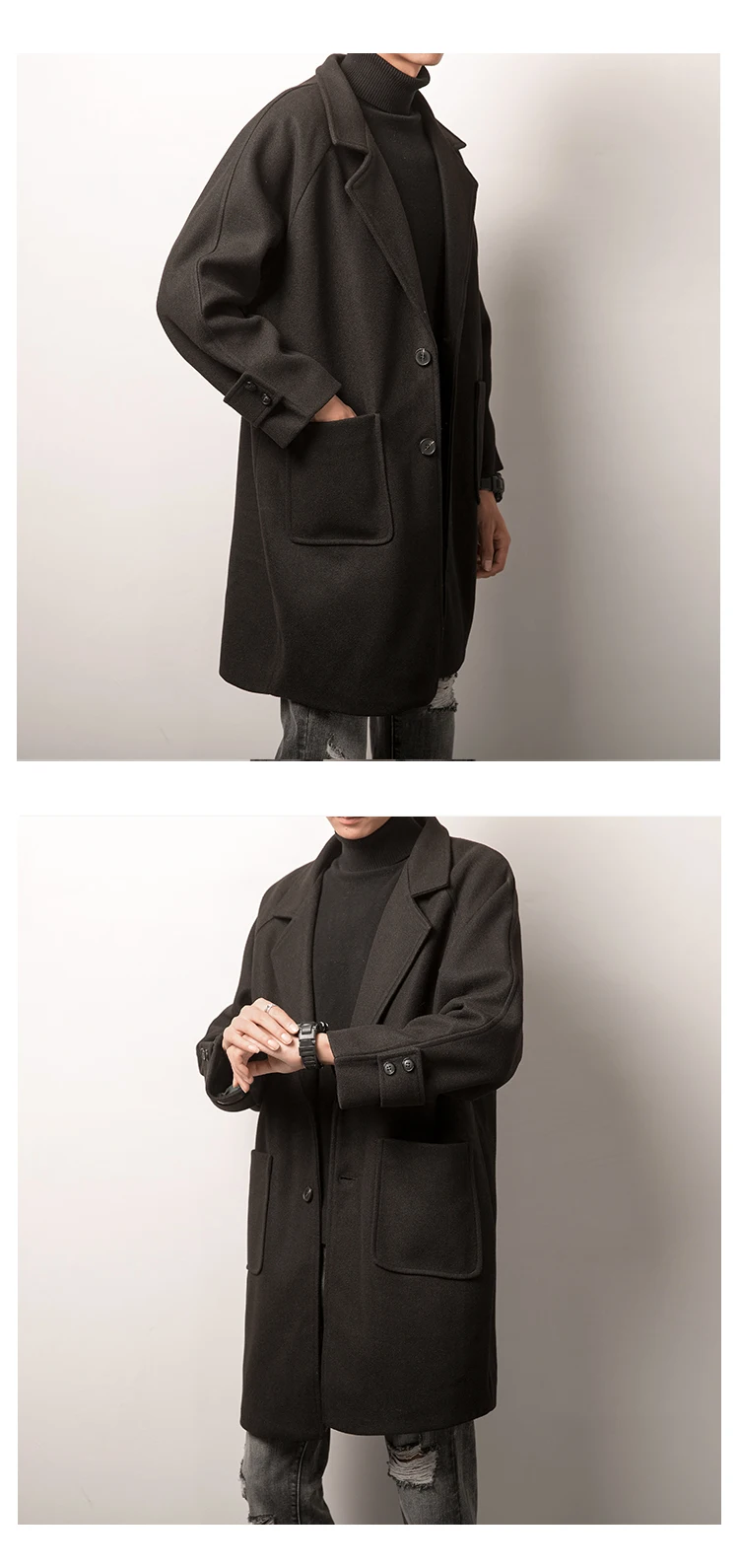 Men's windbreaker autumn/winter new medium-long style thickened windbreaker loose casual lapel youth male wear Wool Coat