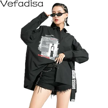 

Vefadisa Irregular Ribbon Blouse 2020 Spring Personality Print Women Blouse Loose Lapel Long Sleeve Blouse Black White QYF1929