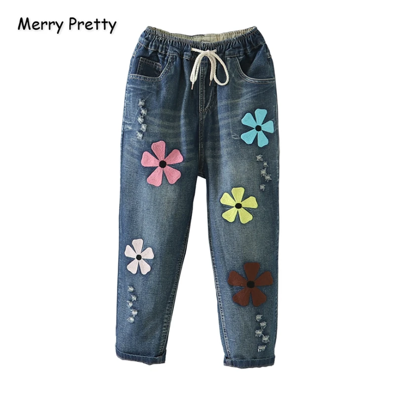 Женские джинсы Merry Pretty размера плюс 3XL джинсовые брюки с цветочной вышивкой и
