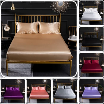 

Satin Silk Fitted Sheet Solid Soft Bed Sheets With Pillowcase 3PCS Elastic Band Drap Housse de Matela Twin Queen King Size Red