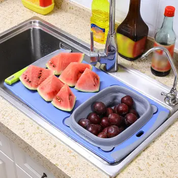 

Two in One Foldable Cutting Board With vegetable draining basket Strainer Colander Kitchen Storage Tool