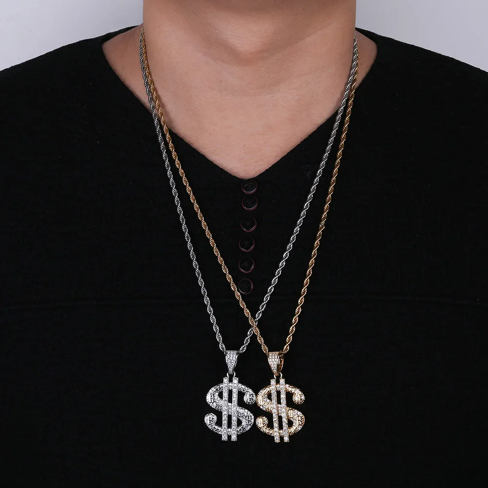 

Solid Iced Out Chain Hip Hop Jewelry Money Dollar Pendant Necklace Cubic Zircon Gold Silver Color Stainless Steel Chain Men Gift