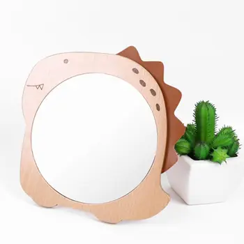 

Cute Wooden Dinosaur Style Makeup Mirror Stainless Steel Holder Mirror for Desktop Support Dormitory Bedroom