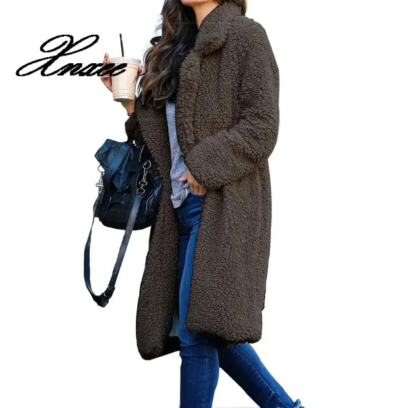 Женское пальто из искусственного меха, осенне-зимняя куртка, пальто, теплое, пушистое, длинное, с отворотом, лохматого размера плюс, верхняя одежда, кардиган, тонкое меховое пальто