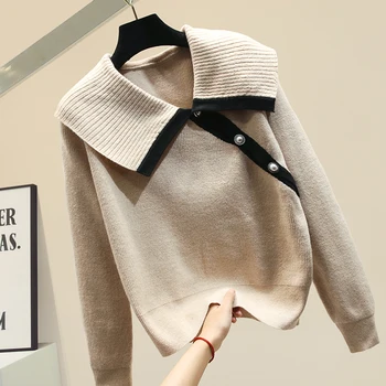 

Large Lapel Women's Sweaters Autumn and Winter New Korean Style Sweater Sweter Loose Knit Jacket Ins Jumper Femme Nancylim