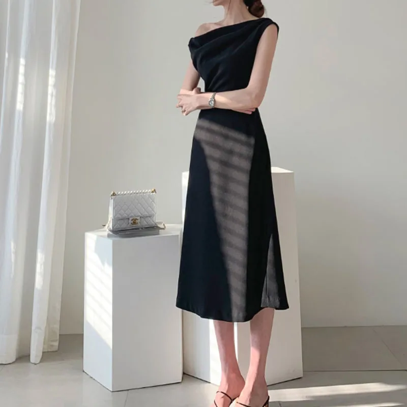 Office Women Female Dress Chic Korean Summer Word Collar Strapless Waist Fashion Long Dress Elegant Dresses Vestidos 2020