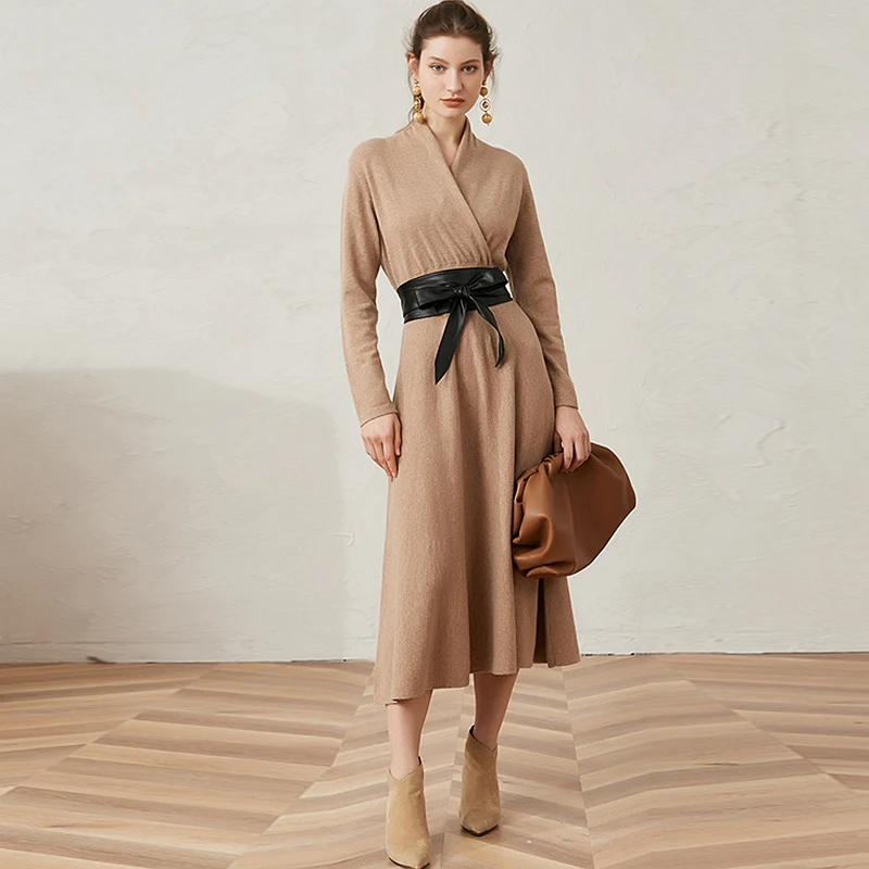 Шерстяное вязаное женское платье с длинным рукавом, шерстяное платье средней длины, 3 цвета, модный стиль, осень, новая мода