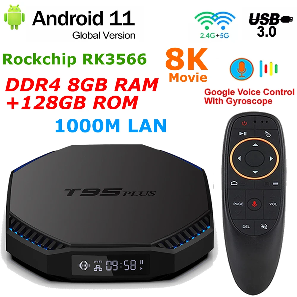 ТВ-приставка T95 PLUS RK3566 Android 11 DDR4 8 ГБ ОЗУ 128 Гб ПЗУ 2 4G/Φ двойной Wi-Fi BT декодирование 8K