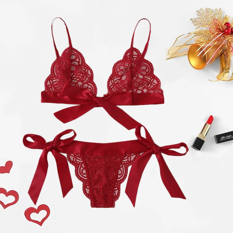 

LEECHEE Hot Red Harness Appliques Bow Sexy Lingerie Set Lace Transparent Bra& Panty Set Women Intimates Black Underwear Bra Set