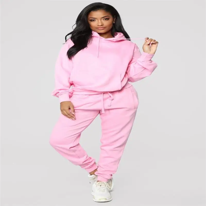 

Streetwear Sport Wear 2 Piece Set Casual Women Solid Color Hooded Collar Pullover Sweatshirts+ Drawstring Pocket Pants M33510G