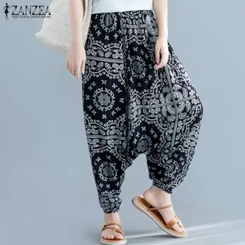 

Bohemian Wide Leg Trousers ZANZEA 2020 Autumn Party Harem Pants Women Drop Crotch Pants Vintage Elastic Waist Printed Pantalon