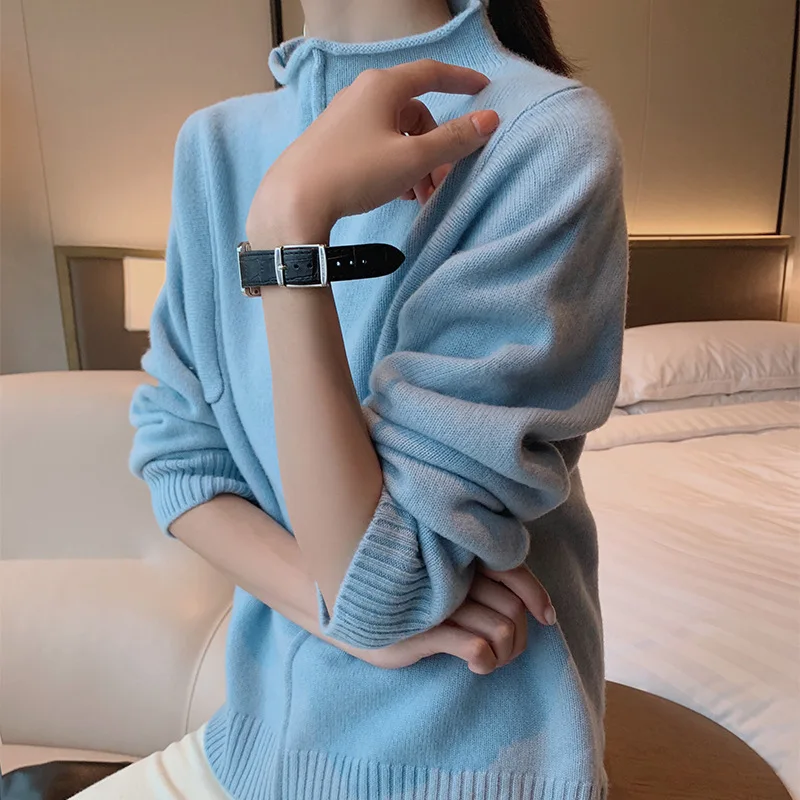 

Autumn And Winter New Style Pure Woollen Sweater Women's Half-Turtle-Neck Pullover Sweater Front Short Long Back Loose-Fit Lazin