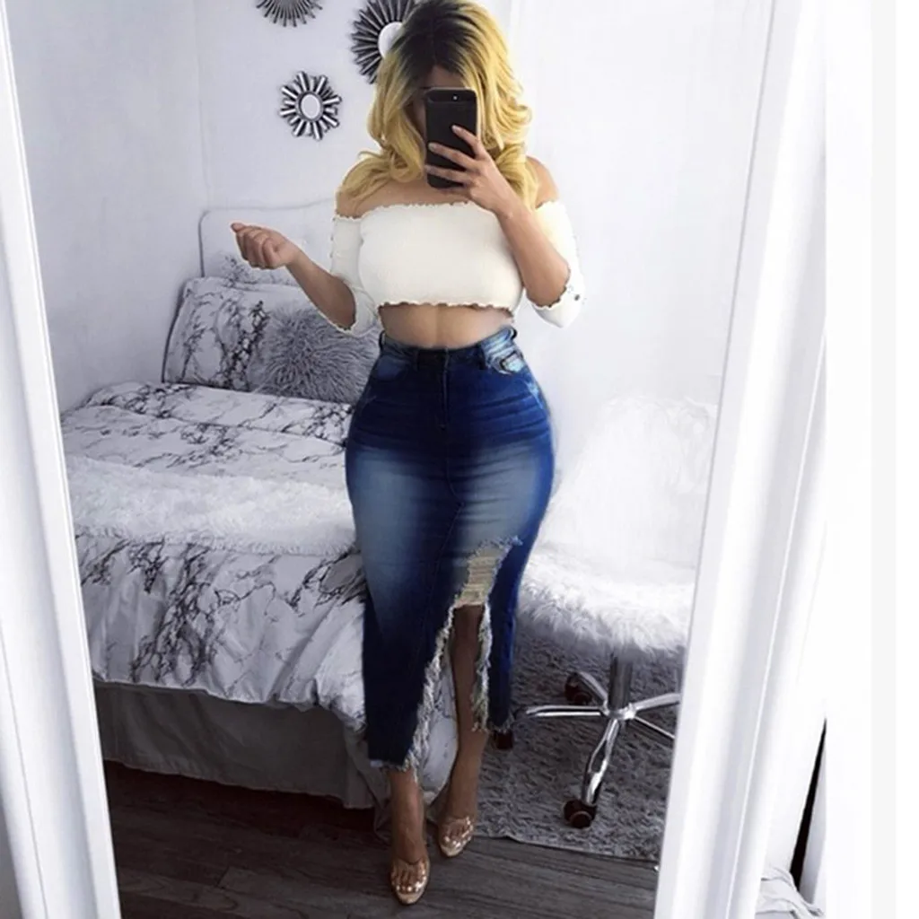 Женские джинсовые юбки-карандаш faldas jupe femme shein saia, модные рваные облегающие джинсовые юбки с высокой талией размера плюс