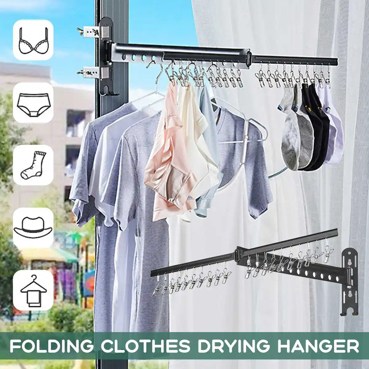 Clothes Hanger,180 Degrees Rotating Wall Folding Clothes Hanger Wall Mounted Clothes Hanger Rail Folding Clothes Hanging Rack Laundry Rack Adjustable Clothes Drying Rack for Bathroom Bedroom Balcony 