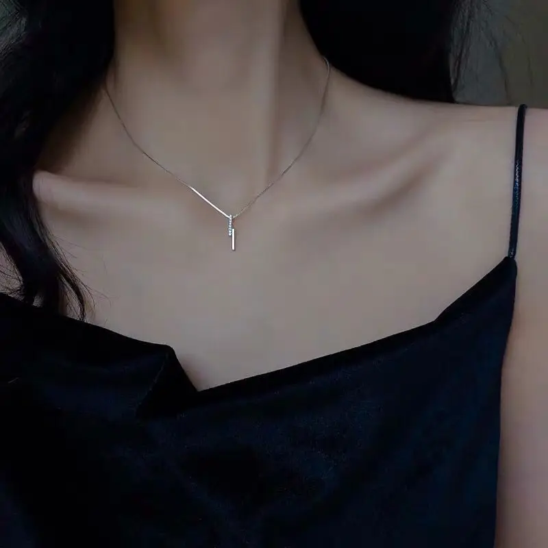 

925 Sterling Silver Crystal Jewelry Geometric Circle Strip Long Chain Necklace Collares Kolye Bijoux Femme Choker Necklace